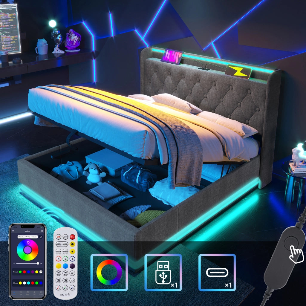 Letto imbottito idraulico con illuminazione a LED e porta USB 140x190 cm colore grigio lino