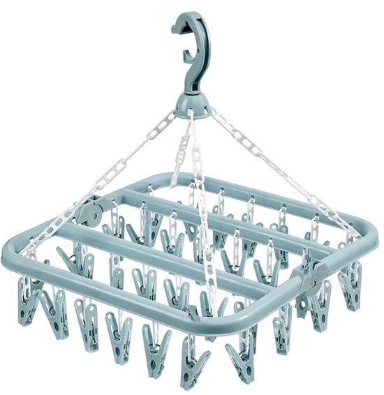 Sokkendroger con 32 ​​clip, Raccoglitore di calze, Appoggio per calze, Raccoglitore di calze pieghevole, Raccoglitore di abbigliamento con 32 ​​clip, Appoggio per calze per calze piccole, Raccoglitore di sottovesti, Raccoglitore di asciugamani (Blu)