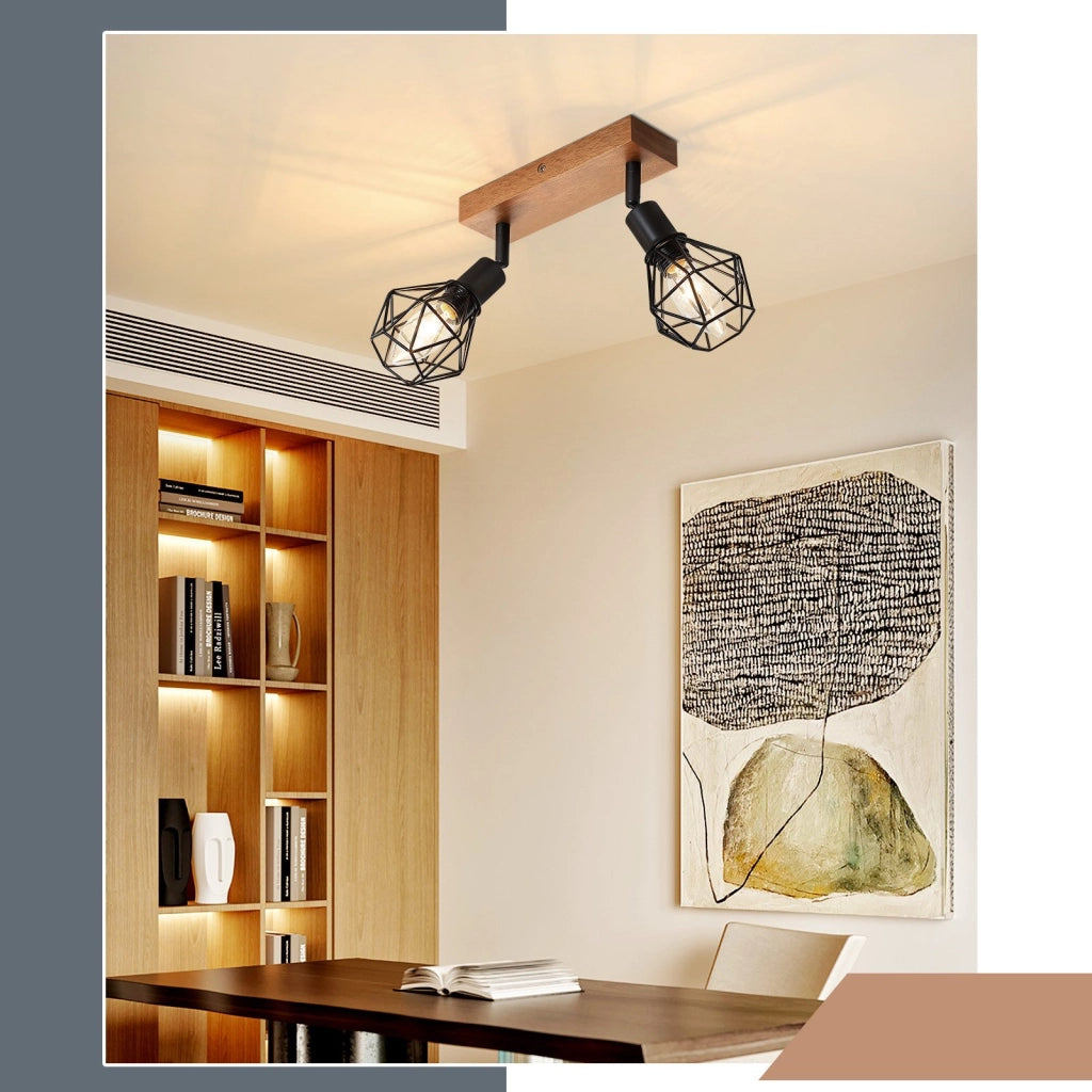 ZMH Faretto da soffitto neri 2 luci E14 legno metallo vintage rotativi 350° max 25W per cucina soggiorno