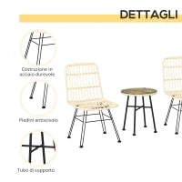 Set Mobili da Giardino 3 Pezzi con Tavolino e Sedie in Rattan PE, Poilestere e Acciaio per Esterni, Crema