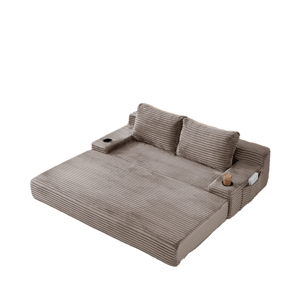 Divano letto 2 in 1 in velluto a coste marrone con portabevande laterali