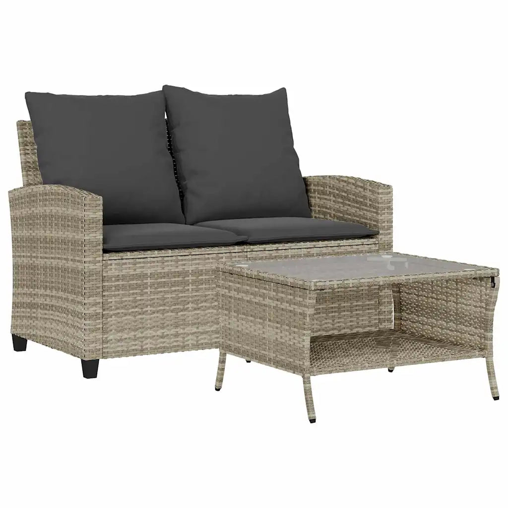 Divano 2 Posti con Cuscini e Tavolo Grigio Chiaro Polyrattan