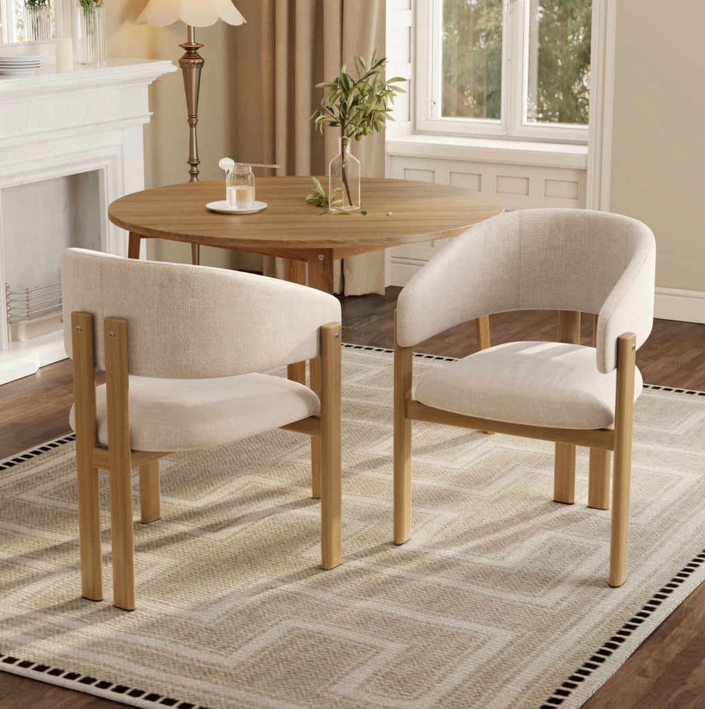 Set di 2 sedie da pranzo con braccioli; struttura in metallo effetto legno; tessuto lino beige