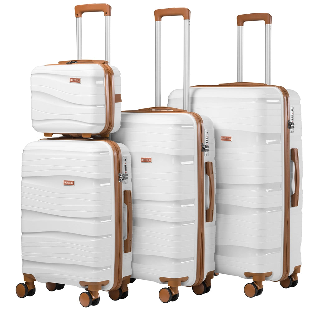 Set 4 Valigie Trolley da Viaggio con Beauty Rivestimento Rigido e Maniglia Telescopica in Polipropilene Bianco Perla