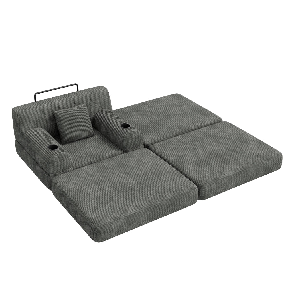 Divano letto 1 posto - con funzione letto; tasche laterali e portabevande - in velluto a coste grigio scuro