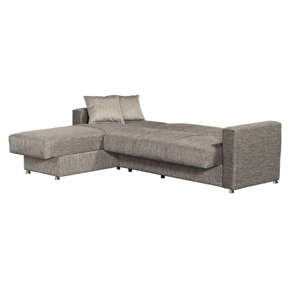 Divano letto Dugo con penisola contenitore reversibile in tessuto tortora 230x150x80H