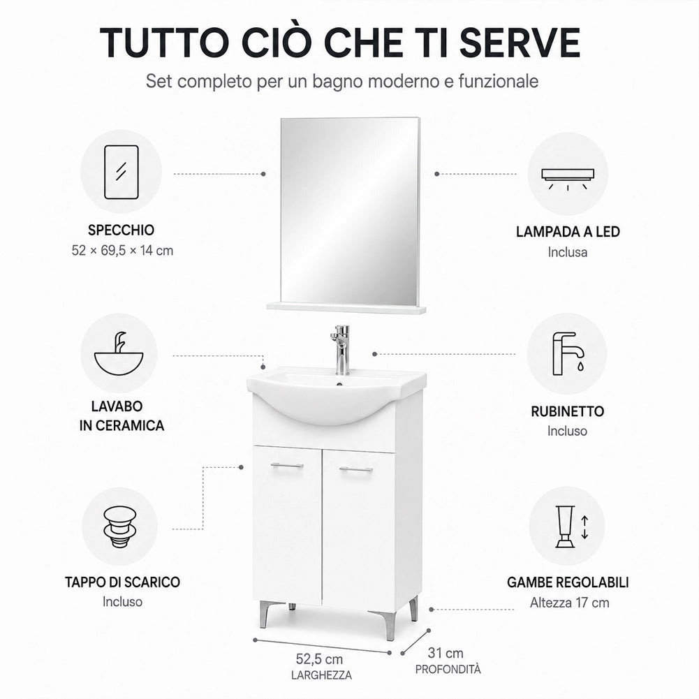 Set Completo Mobile da Bagno da Terra 55 cm Due Ante Bianco Specchio e Accessori
