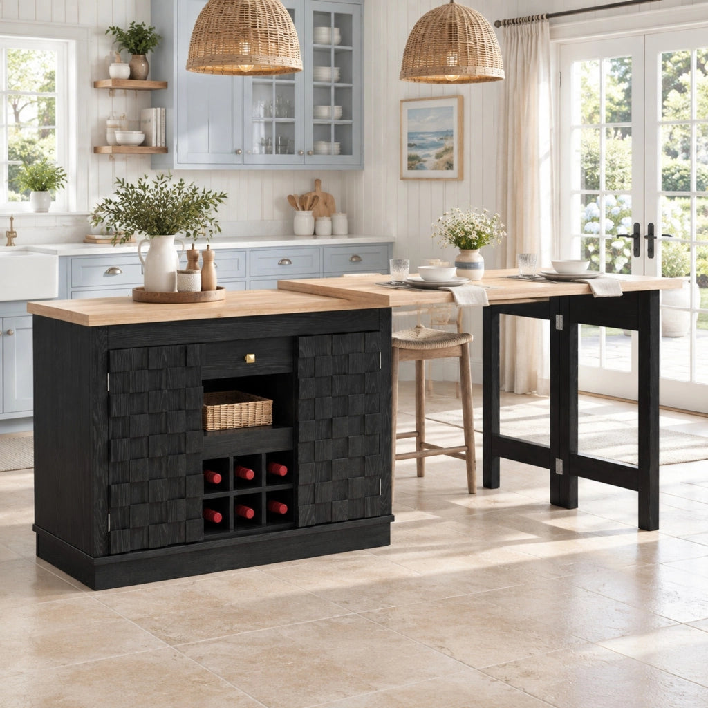 Isola cucina girevole con tavolo estensibile e portabottiglie