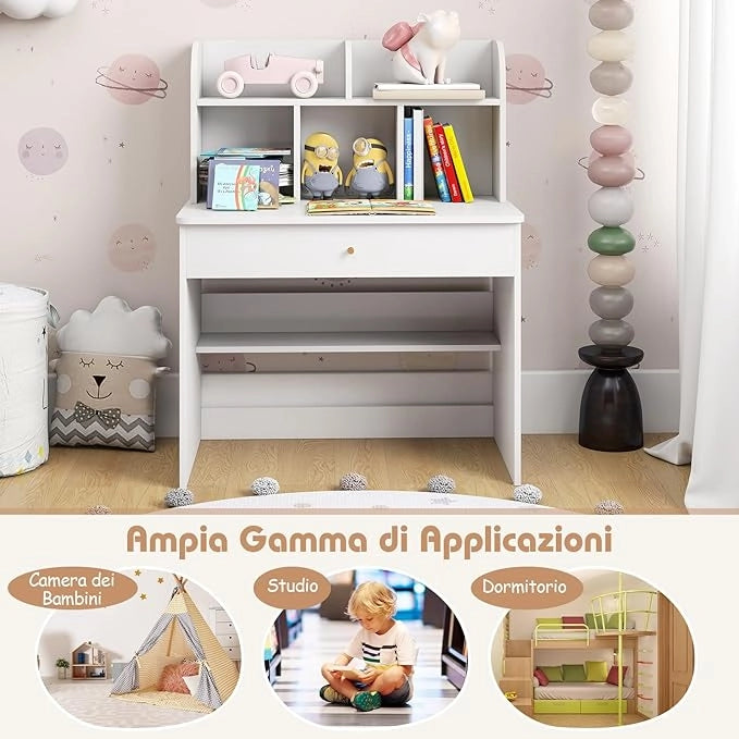 Scrivania in Legno 80 x 48 x 102 cm per Bambini 3+ Anni, Scrivania Cameretta Bambina con 5 Mensole, 1 Cassetto, Spazio di Lavoro e Angoli Arrotondati, Ideale per Studio e Disegno (Bianco)