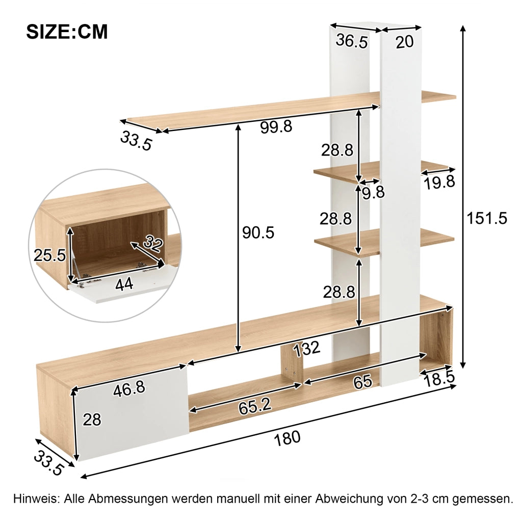 Mobile TV- sospeso- bianco/rovere- 180x33.5x151.5 cm- per TV 60"