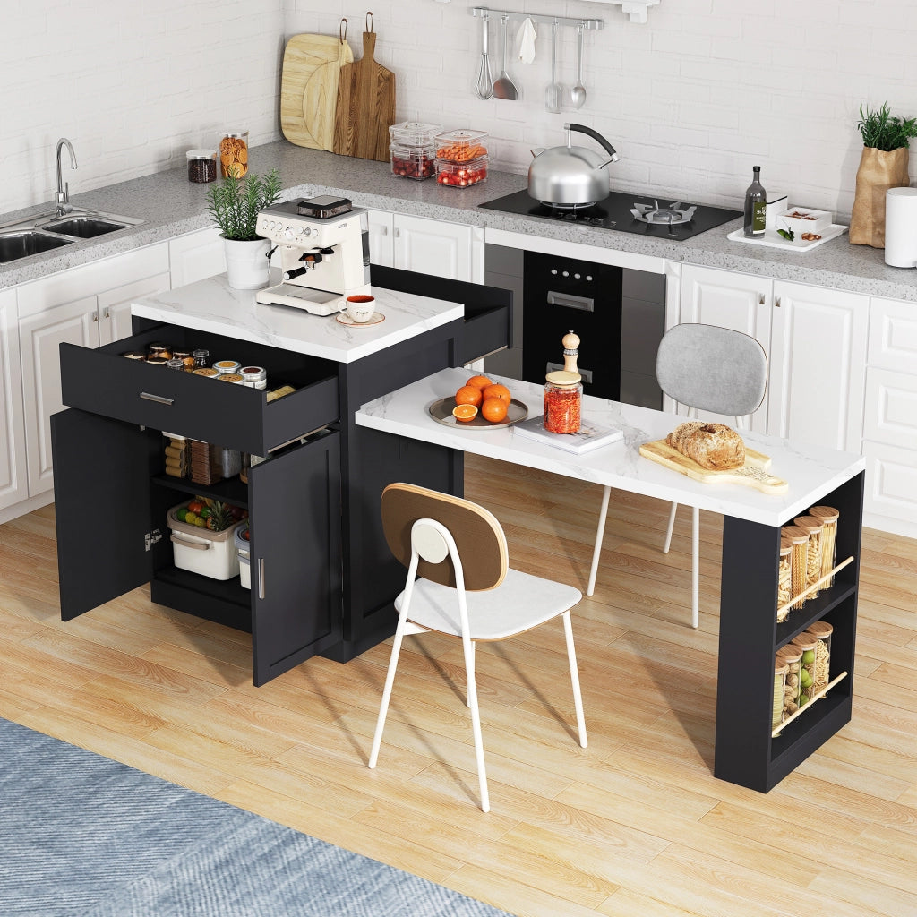 Isola da Cucina con Tavolo Estensibile 2-6 Persone; 2 Prese; 2 USB; 2 Cassetti e Mobile Contenitore