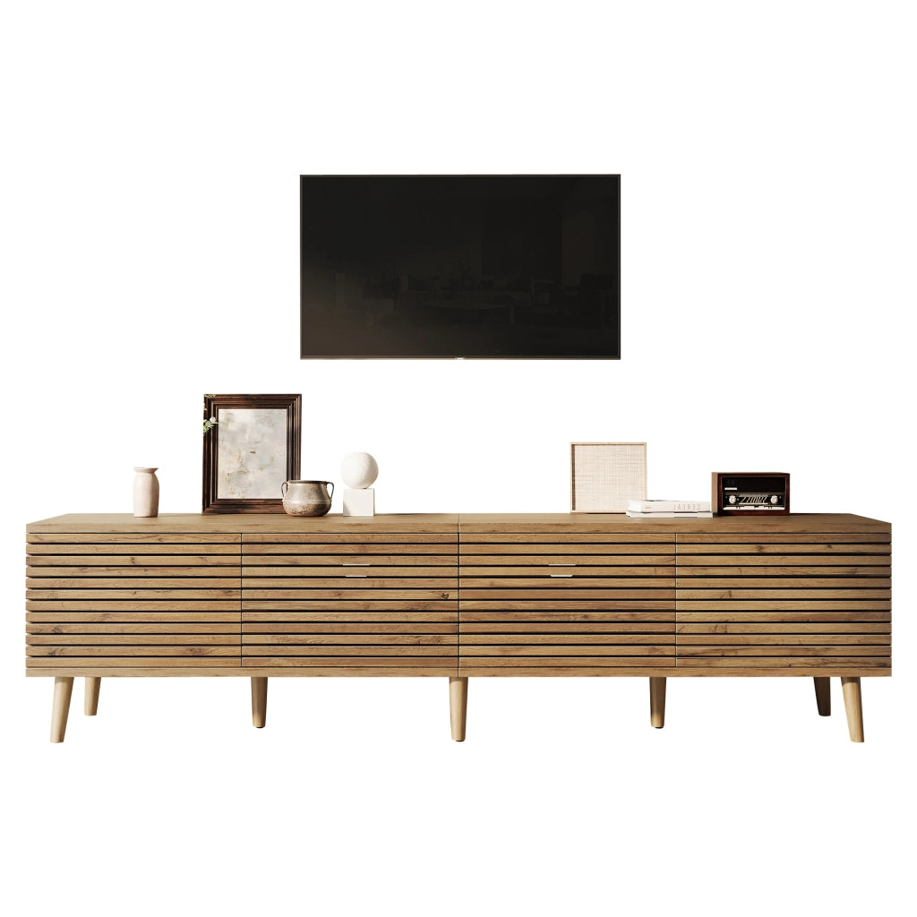 Mobile TV basso in legno naturale per TV fino a 75 pollici, con 4 ante a griglia, 180x40x46 cm