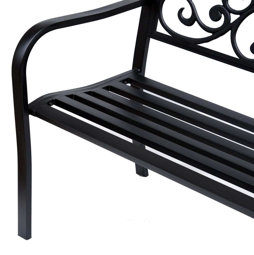 Panchina da giardino 3 posti in acciaio nero; design elegante con schienale alto
