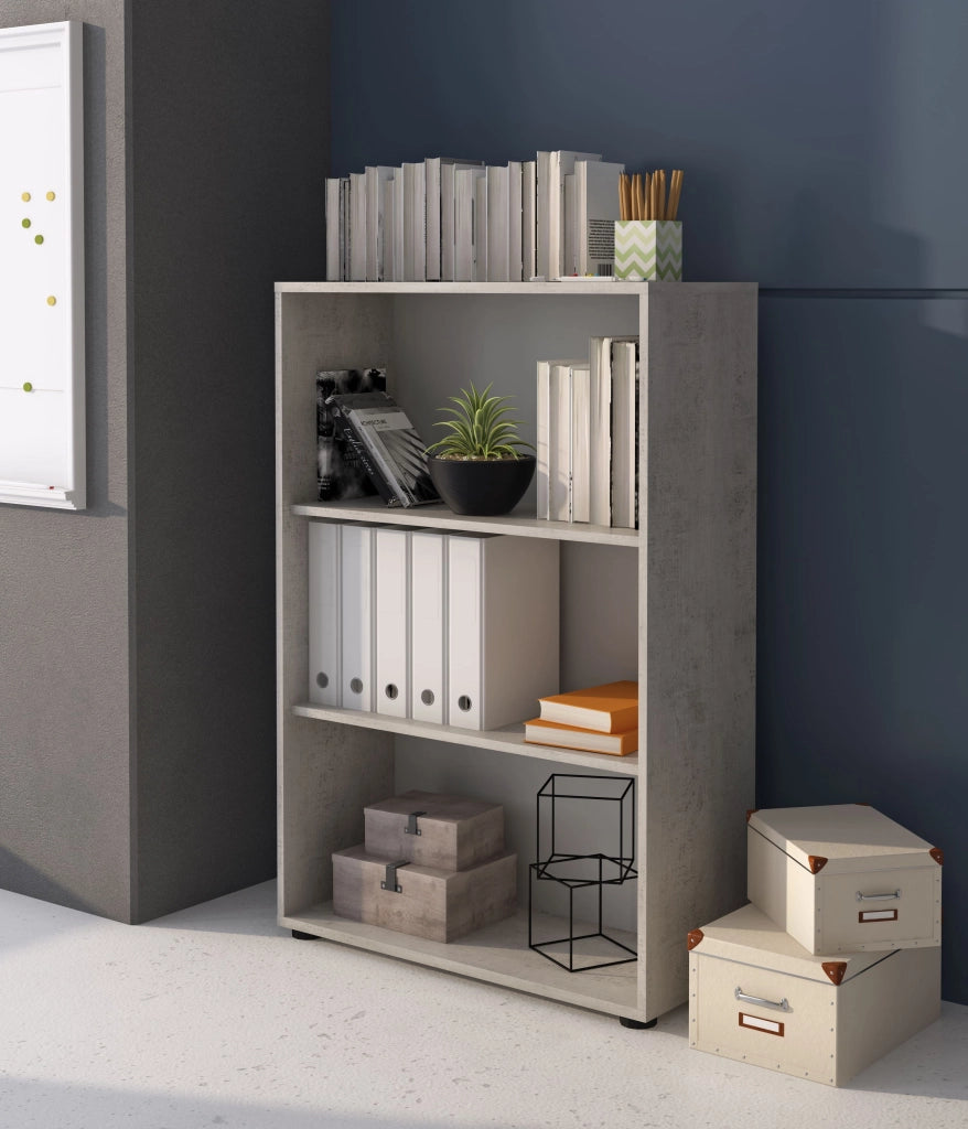 Set Completo Per Ufficio Con 2 Scrivanie 1 Modulo Ad Angolo 1 Cassettiera Con Ruote 2 Armadi Alto E Basso 2 Librerie Alta E Bassa Finitura Bianco Frassinato E Grigio Cemento