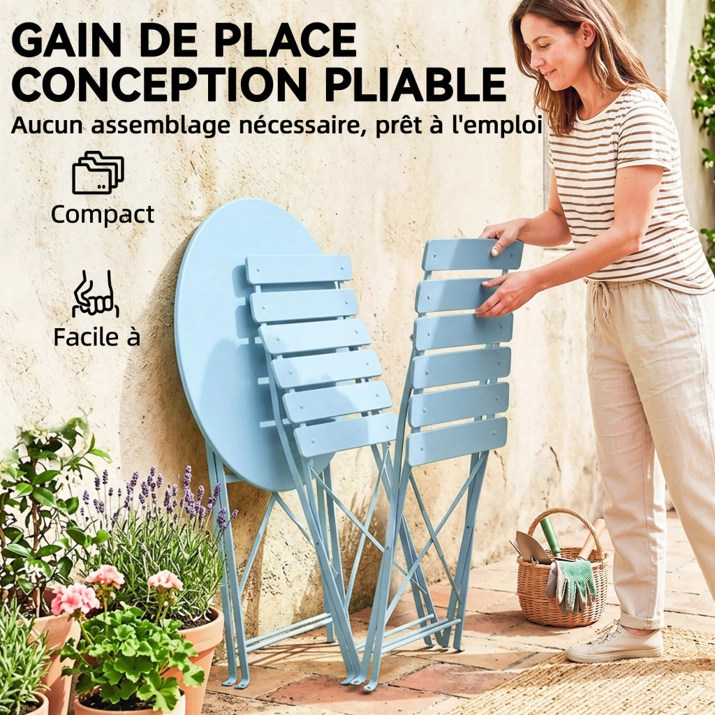 Set Bistrot da Giardino 3 Pezzi ¨C zephmum ¨C Tavolo e 2 Sedie Pieghevoli, Legno, Blu Chiaro