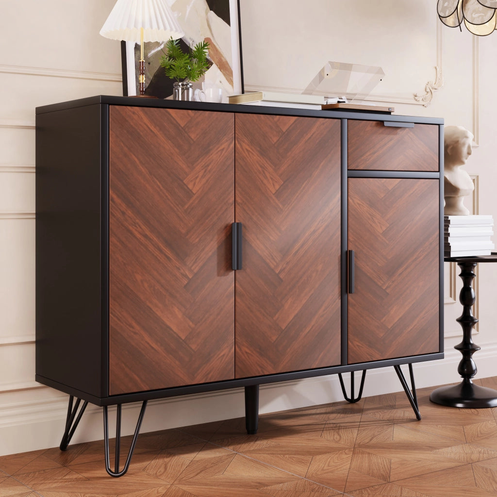 Credenza con 3 Ante e 1 Cassetto; Ripiani Regolabili in Altezza; Stile Moderno; in MDF; Nero e Legno; 90??30??71;5 cm