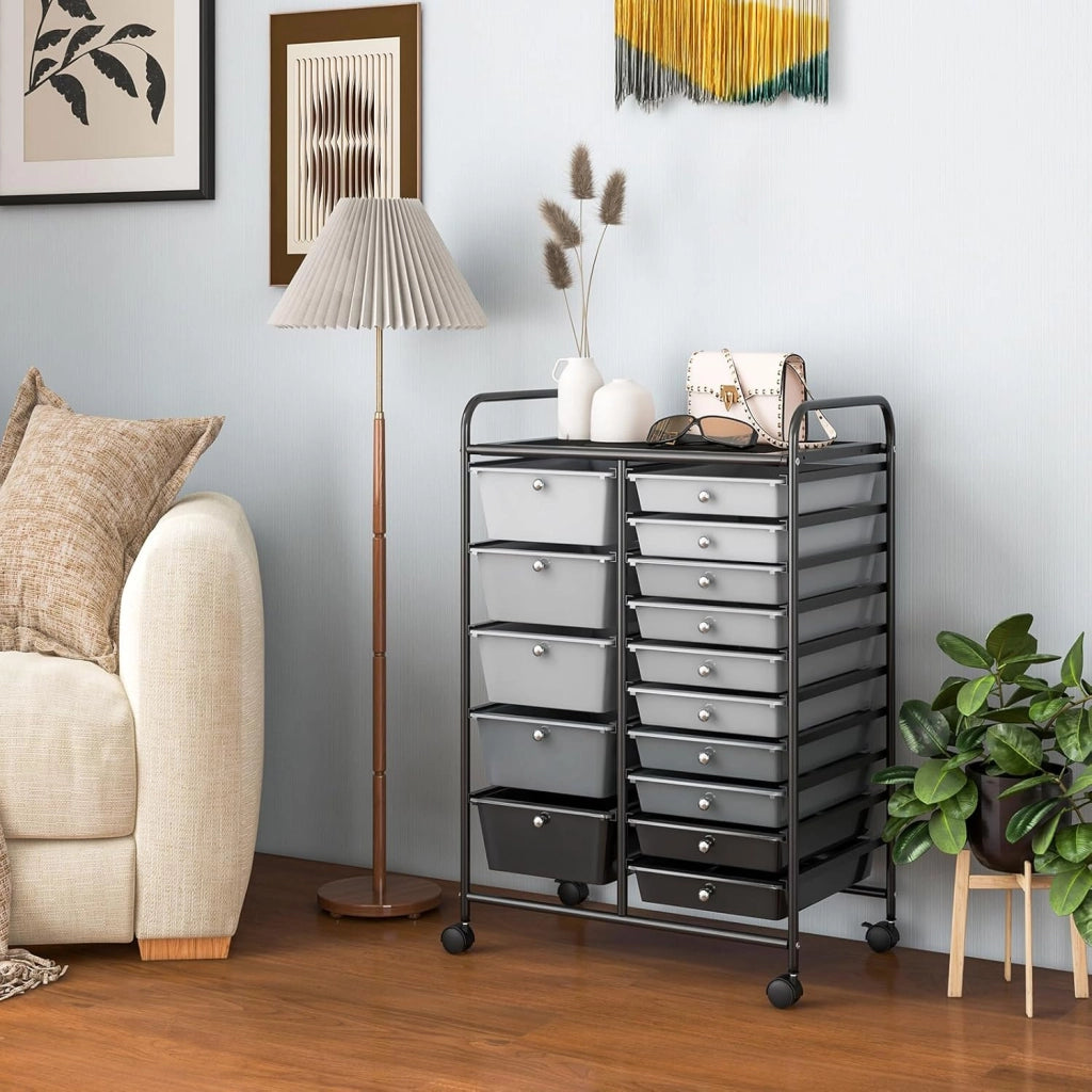 Carrelli Porta Oggetti, con 10+5 Cassetti Impilabili, 2 Ruote Bloccabili, Braccioli Metallici, Portabile e Pratico, per Ufficio, Studio, Cucina,Bagno, 5 Colori Disponibili, 62,5x37x87 cm