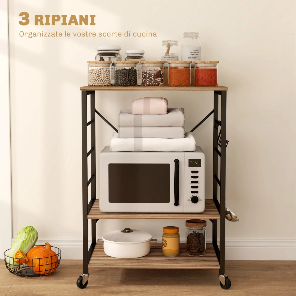 Scaffale Industriale con Ruote e Ganci ¨C Zephmum ¨C Acciaio, Teak, 60x40x84 cm