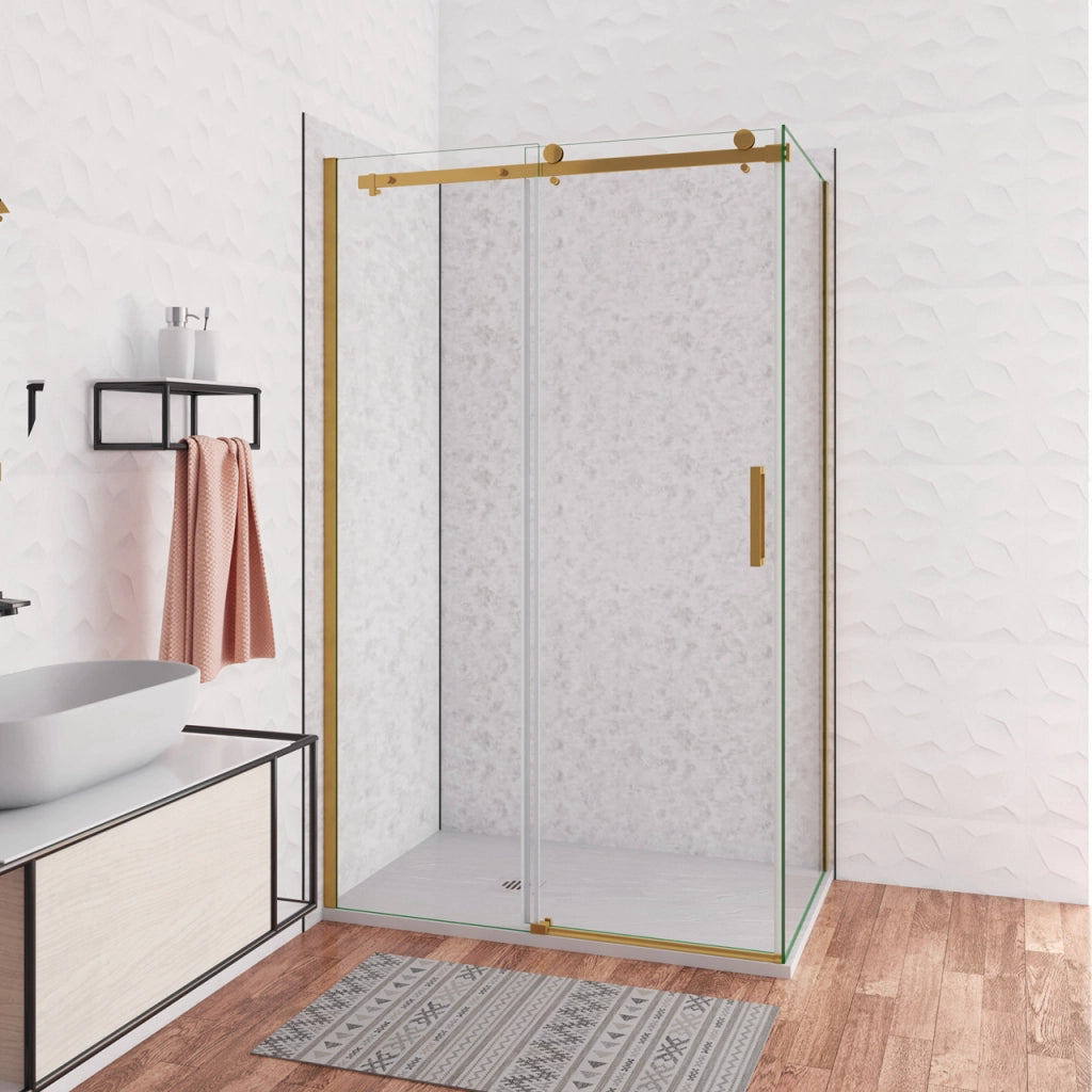 Box Doccia Angolare 120X90 cm H.195 cm Porta Scorrevole con Parete Fissa Vetro 8 mm Temperato Anticalcare Trasparente Telaio Cromo Dorato
