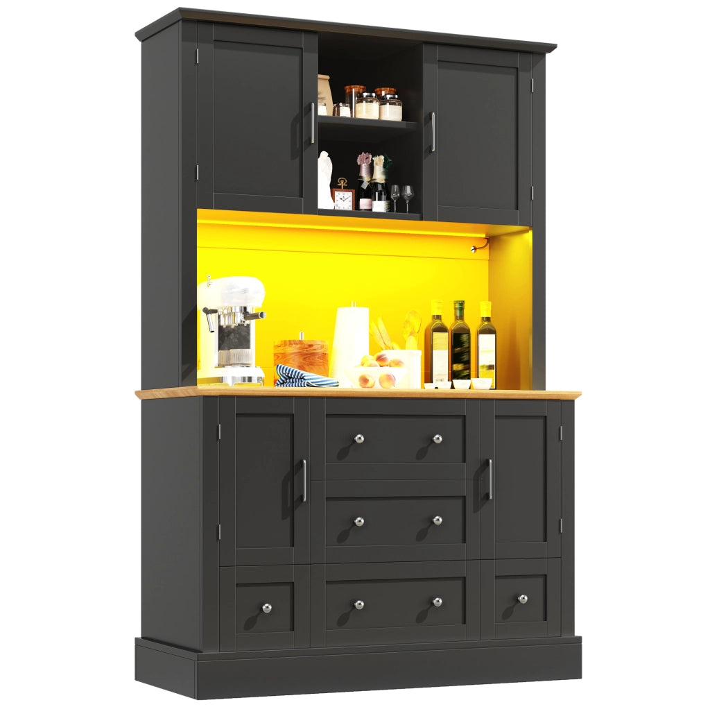 Credenza alta 115x40x180 cm con LED controllato da app; 3 cassetti; MDF; nero e naturale