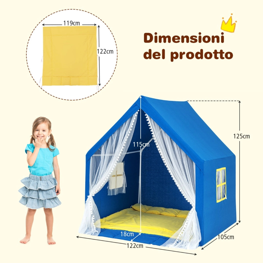 Tenda da gioco per bambini con tappeto in cotone lavabile luci stellari finestre, Casa da gioco 122x105x125cm Blu-Tende e Casette per bambini