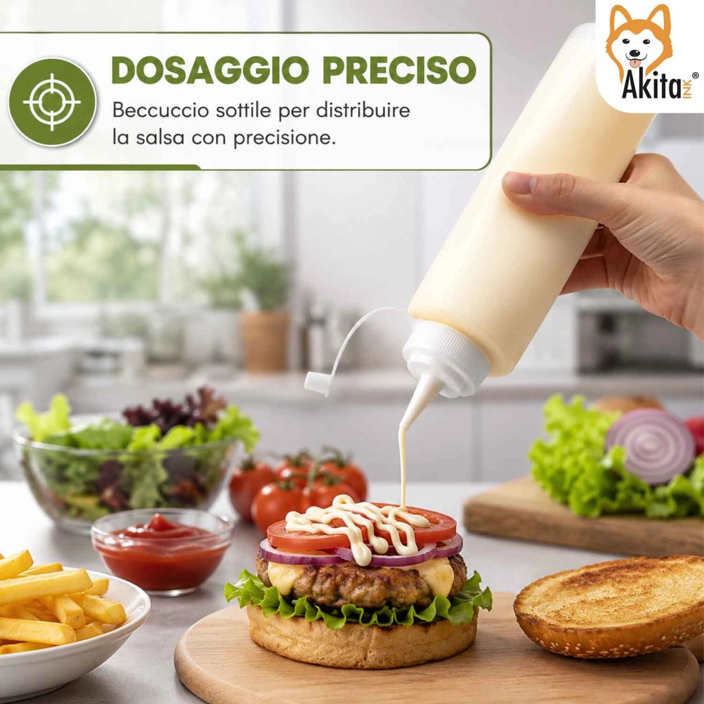 Akitaink Set 4 Bottiglie Squeeze per Salse 650 ml Dosatrici