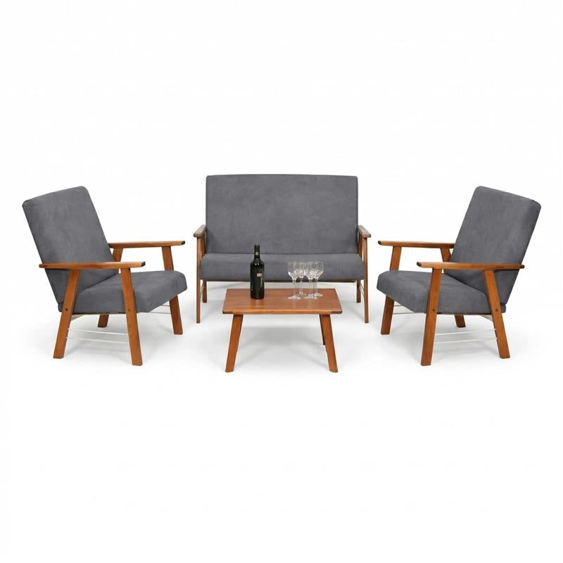 SET SALOTTO DA GIARDINO CON DIVANO, 2 POLTRONE + TAVOLINO IN LEGNO TABACCO E TESSUTO COLORE GRIGIO