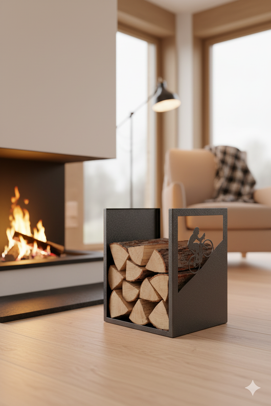 Porta Legna Sagomato Ciclista 40,5x35,5x50 cm in Ferro Verniciato Grigio Martellato