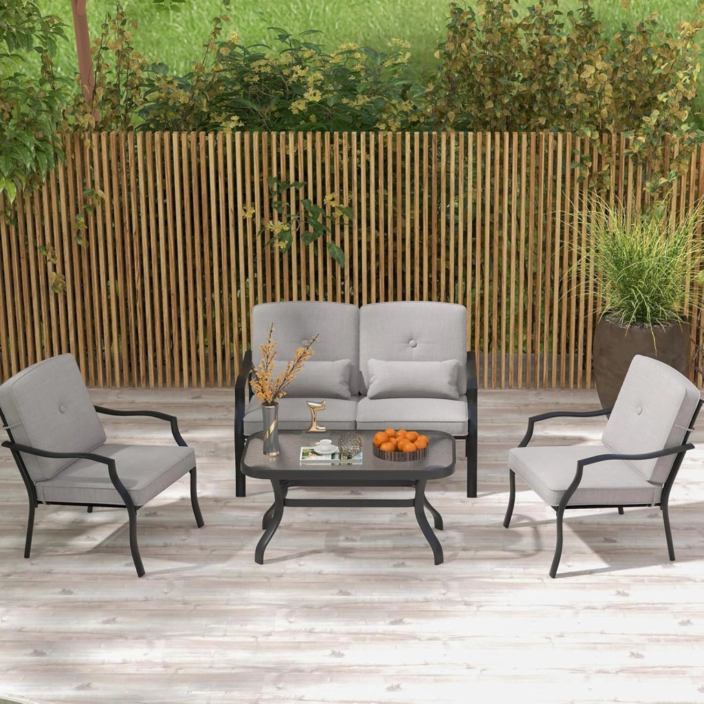 Set di 4 mobili da giardino con tavolino da salotto e panca da giardino e 2 sedie da pranzo, set da 4 persone, set da giardino con cuscino, mobili da giardino