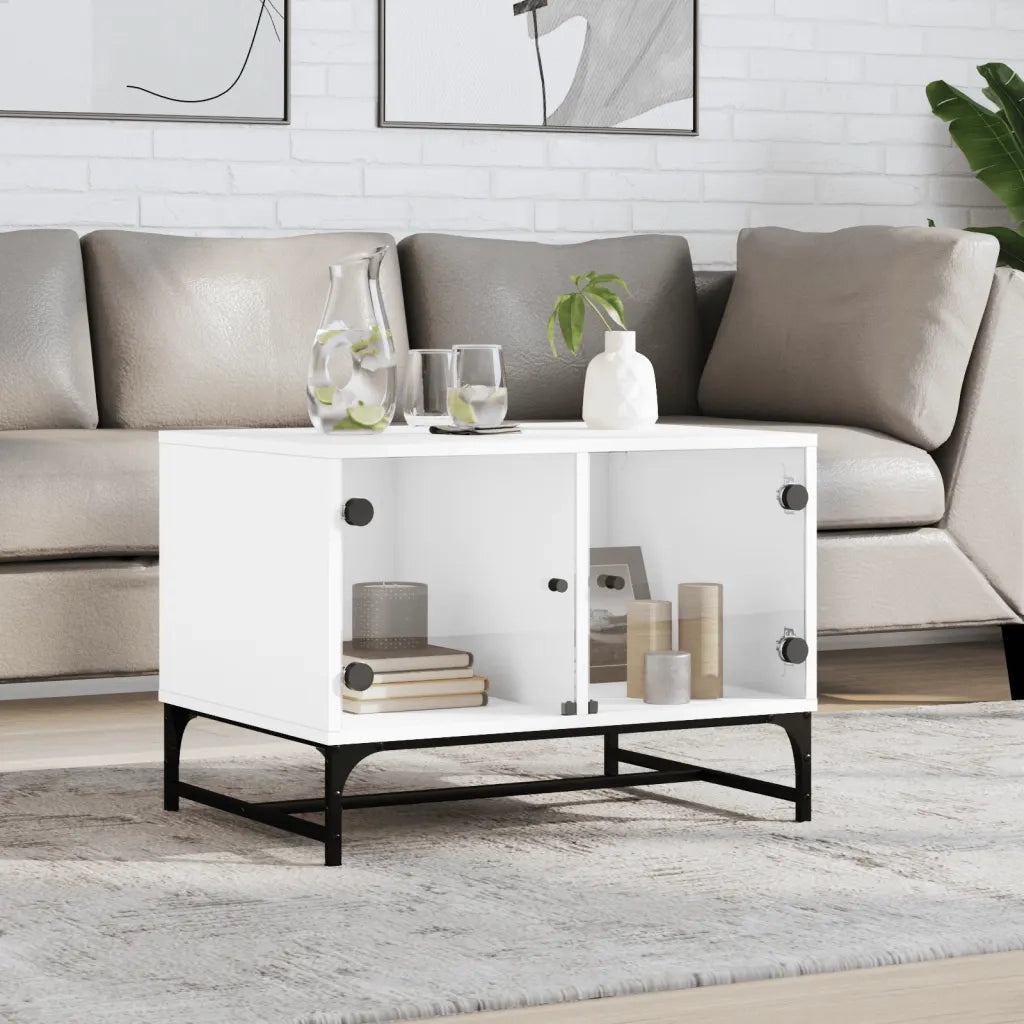 Tavolino da salotto | Tavolino da caff¨¨ | Tavolino da Soggiorno con Ante in Vetro Bianco 68,5x50x50 cm