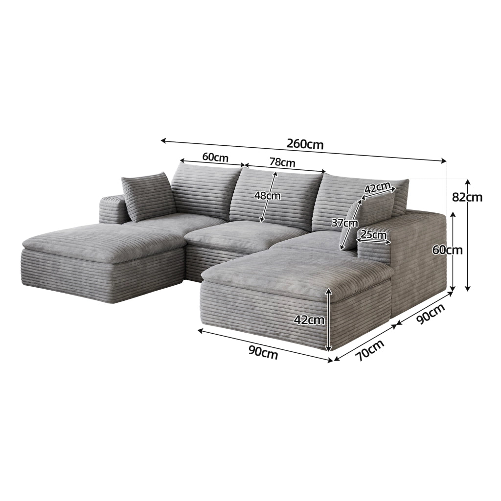 Divano Cloud 260 cm ¨C MINIMAL ¨C Velluto a Coste Grigio Scuro, Imbottito, Sfoderabile