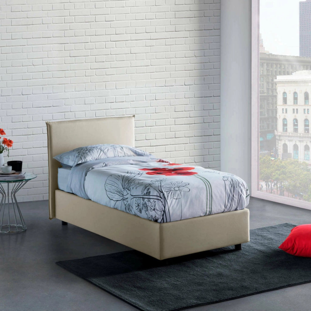 Letto singolo Alison, Letto contenitore con rivestimento in tessuto, Made in Italy, Apertura frontale, con materasso cm 90x200 incluso, Beige