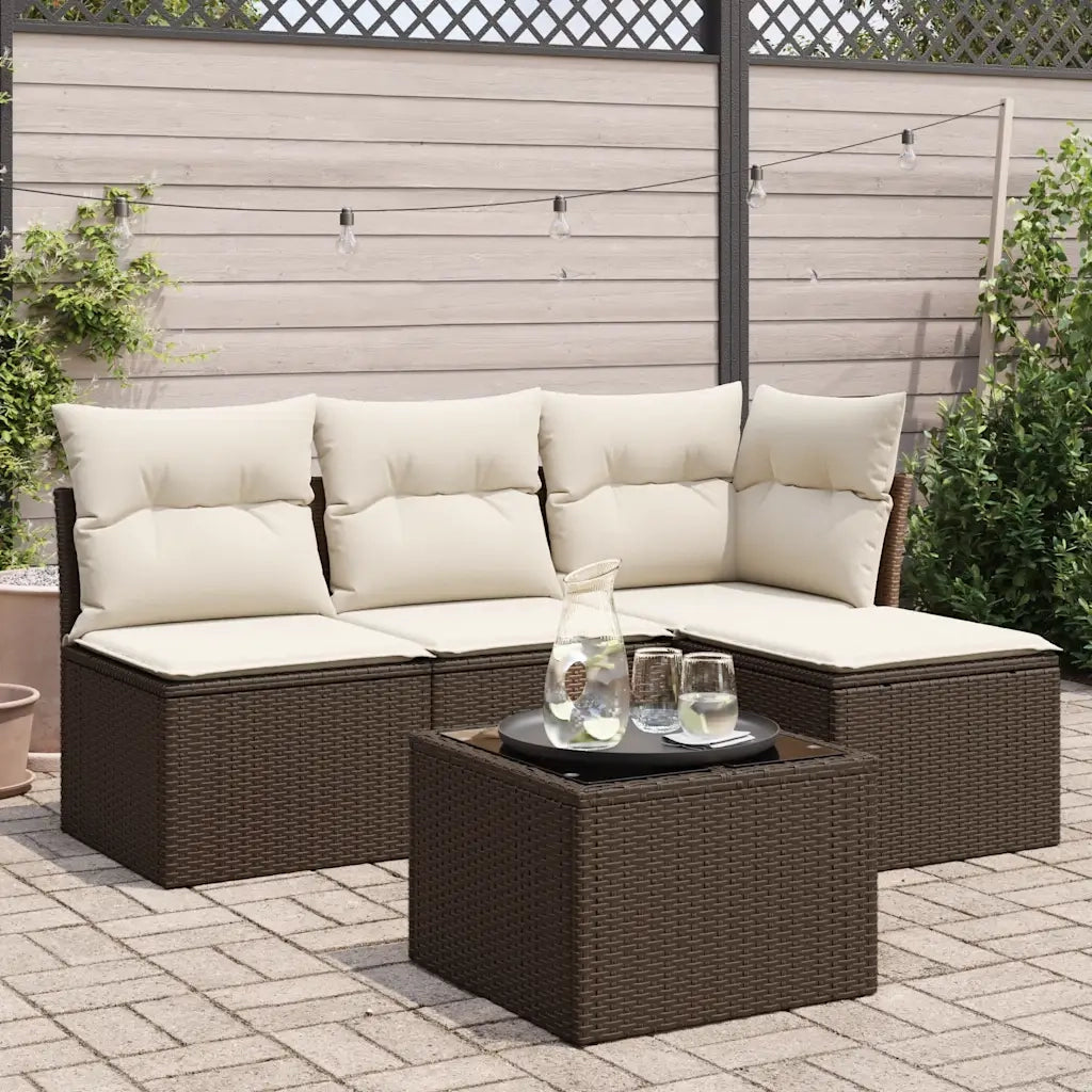 Set Divano da Giardino 5 pz | Set Salotto da Giardino con Cuscini Marrone in Polyrattan