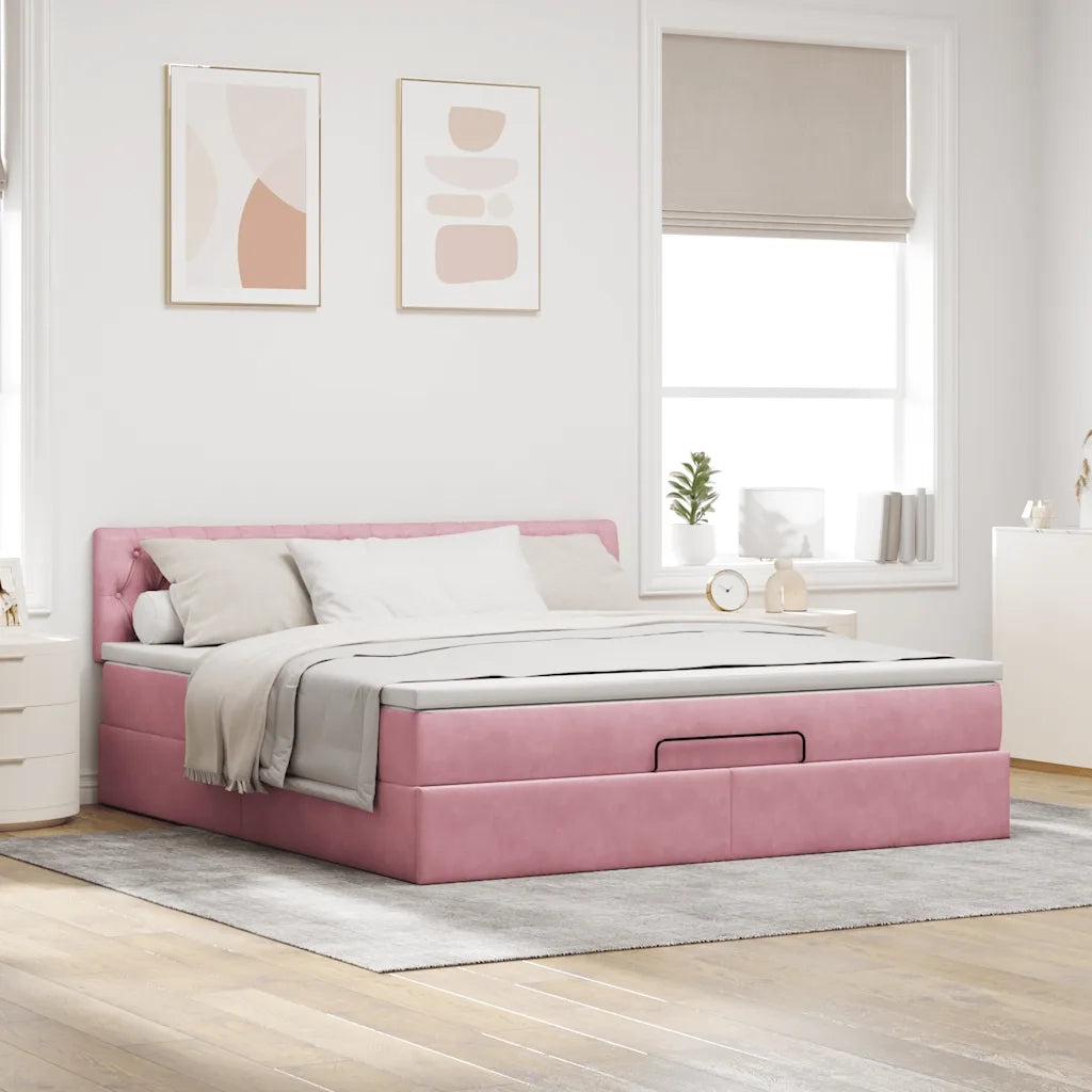 Struttura Letto Pouf con Materasso Rosa 160x200 cm in Velluto 3312709