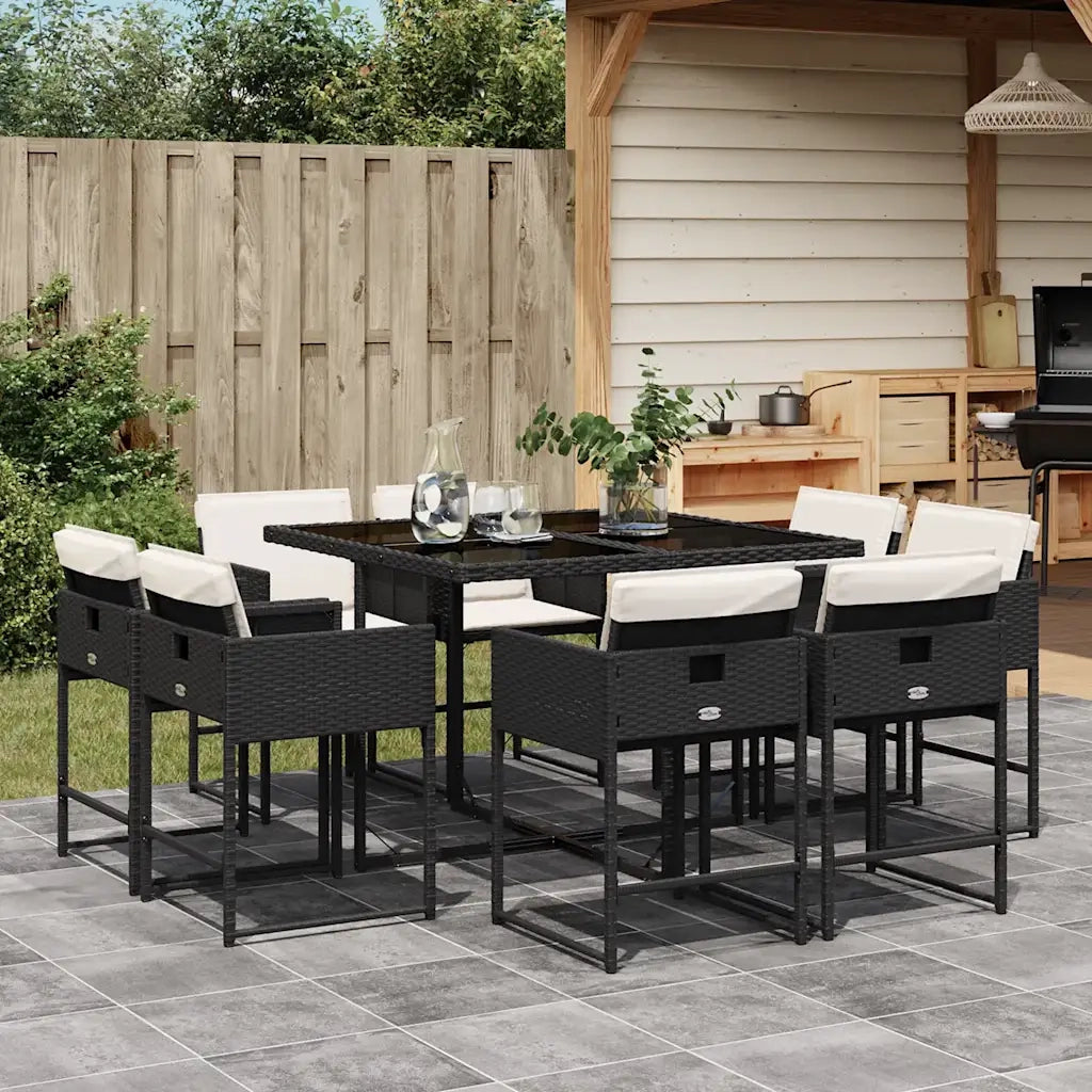 Set da Pranzo da Giardino 9 pz con Cuscini Nero in Polyrattan 3211374