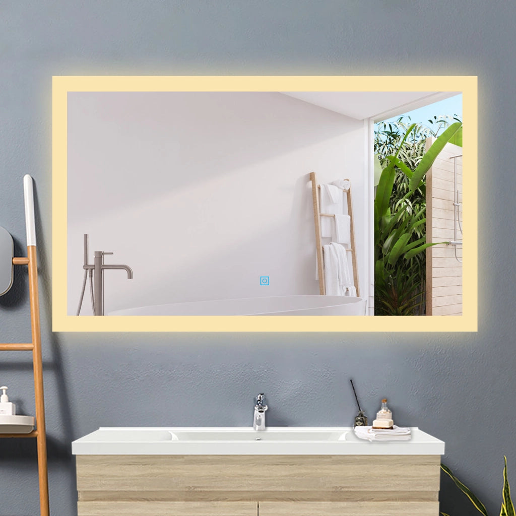 AICA Specchio da bagno a LED, Rettangolare 90 x 70 cm, Anti nebbia, Regolabile 3 LED di colore, Funzione Memoria