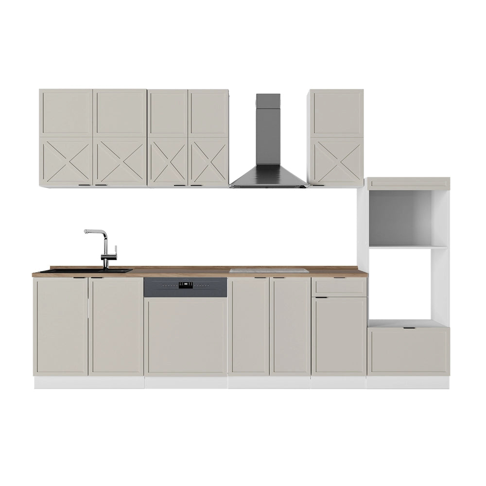 Cucina componibile Fame-Line GrigioBeige/Bianco 300 cm con armadio alto, PL Rovere Vicco