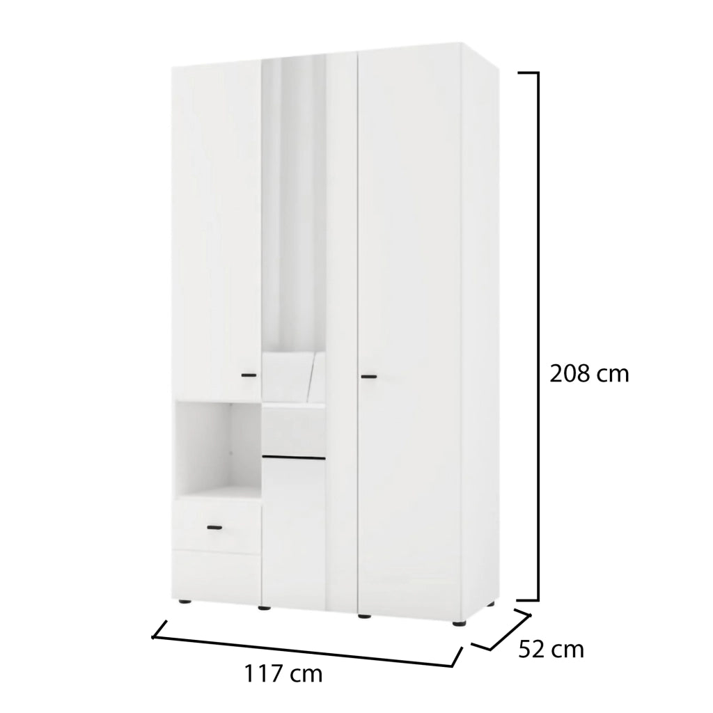 Armadio Camera da Letto Patzcu, Guardaroba 3 Ante Appendiabiti, 117x52 cm Bianco Opaco