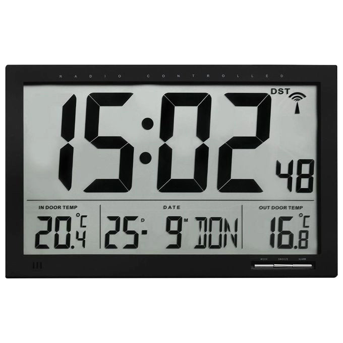 TFA 60.4510.01 Orologio da parete digitale radio controllato XL con temperatura interna e esterna display 110 mm cifre colore Nero