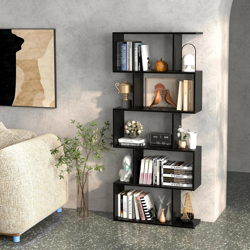 Scaffale in Legno a 5 Ripiani, Libreria Scaffale a Forma di S con Dispositivo Antiribaltamento, Divisorio per Soggiorno Ufficio Camera da Letto, 70 x 23,5 x 158 cm