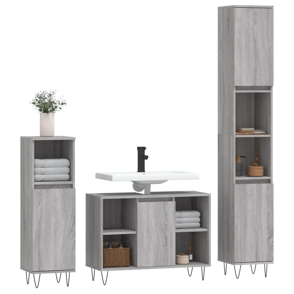 Set Mobili da Bagno 3 pz Grigio Sonoma in Legno Multistrato 3190305