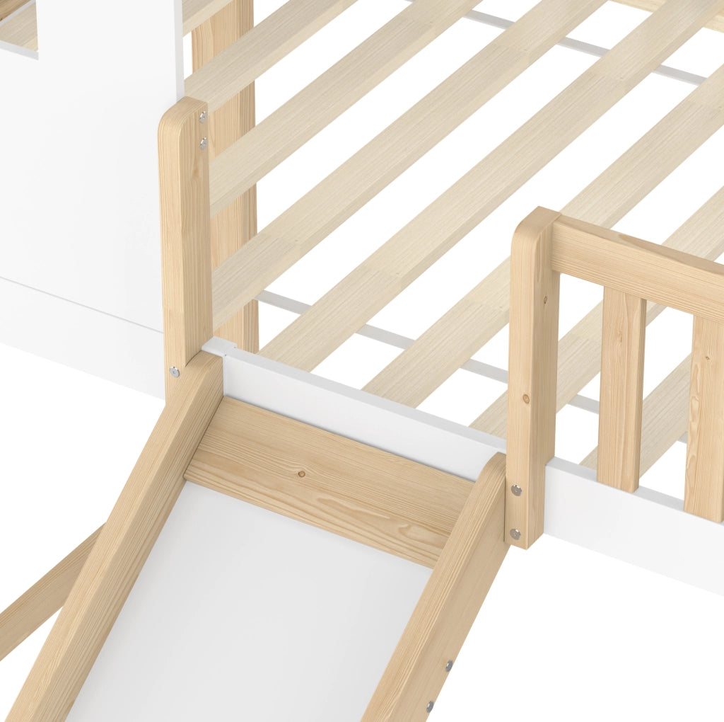 Letto a soppalco 90x200 cm con scivolo e scala contenitore in legno; naturale e bianco