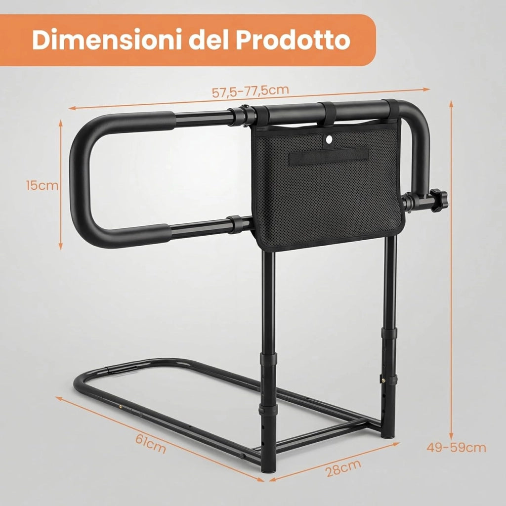 Sponda Letto Anziani Regolabile e Pieghevole, Altezza/Larghezza Aggiustabile, Tasca Rimovibile, Maniglie Imbottite e Base a U, Adatto a Letti King/Queen, Supporto fino a 136 kg (Nero)