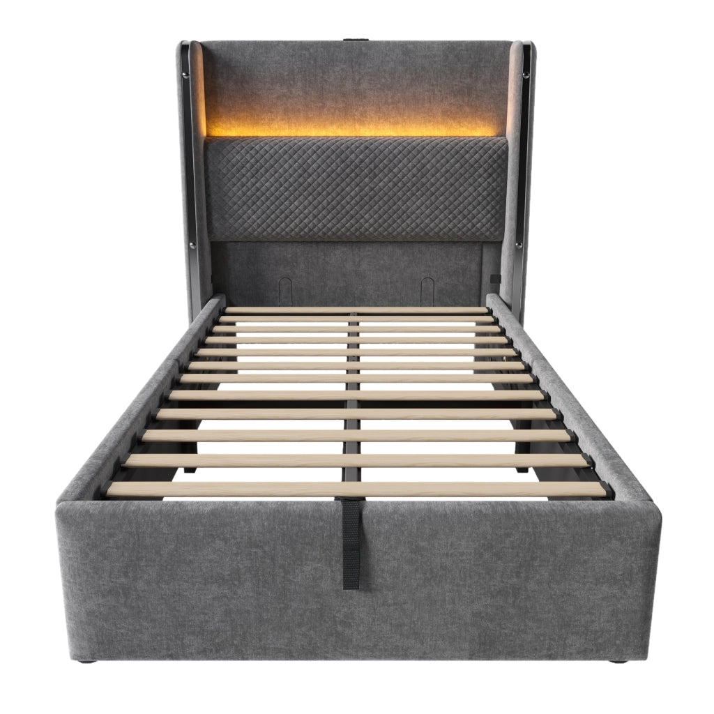 OKWISH Letto Contenitore 90×200 cm, Letto Singolo con LED Regolabile, USB, Tipo C e Testiera Alta, Materasso Incluso, in Lino, Grigio