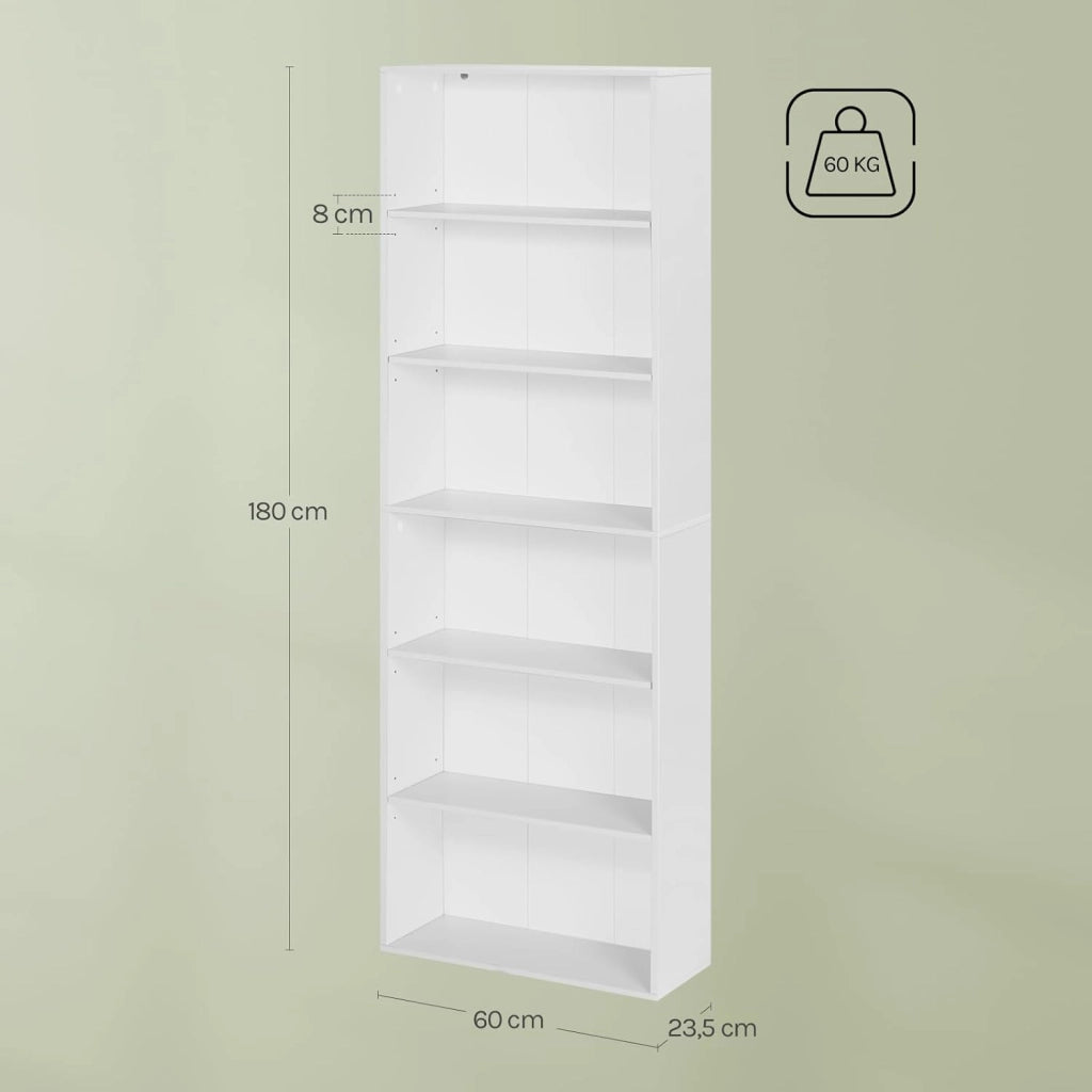 Libreria, scaffale con 6 ripiani regolabili, scaffale aperto, divisorio in piedi, per soggiorno, ufficio, camera da letto, 60 x 180 x 23,5 cm, bianco, SK052ws