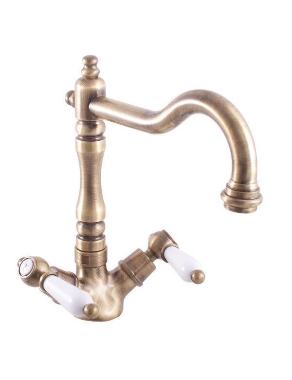 MORAVA Miscelatore per lavello girevole retrò in bronzo con manico in ceramica