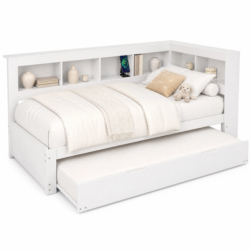 Divano letto 90 × 200 cm con letto estraibile; rete a doghe; presa e 2 porte USB; legno e MDF bianco