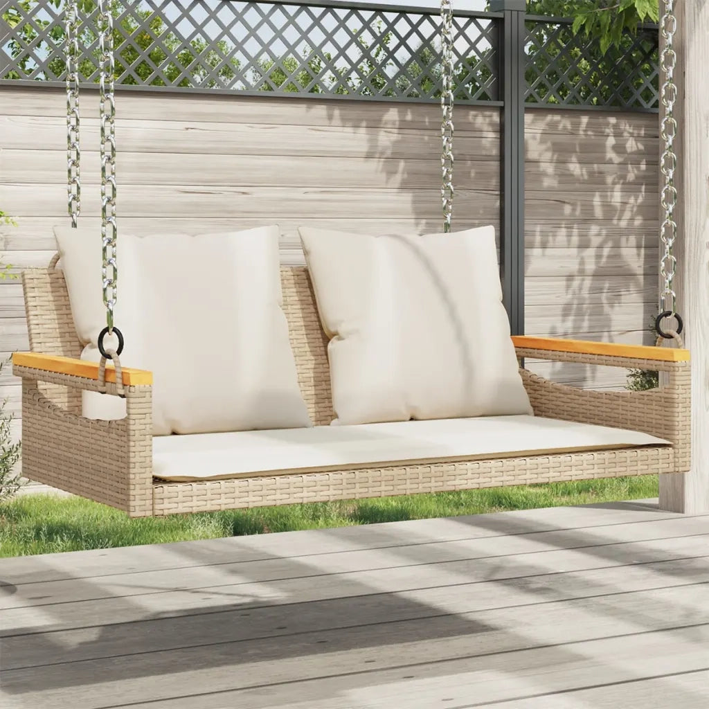 Panca da Giardino | Panchina a Dondolo con Cuscini Beige 109x62x40 cm in Polyrattan