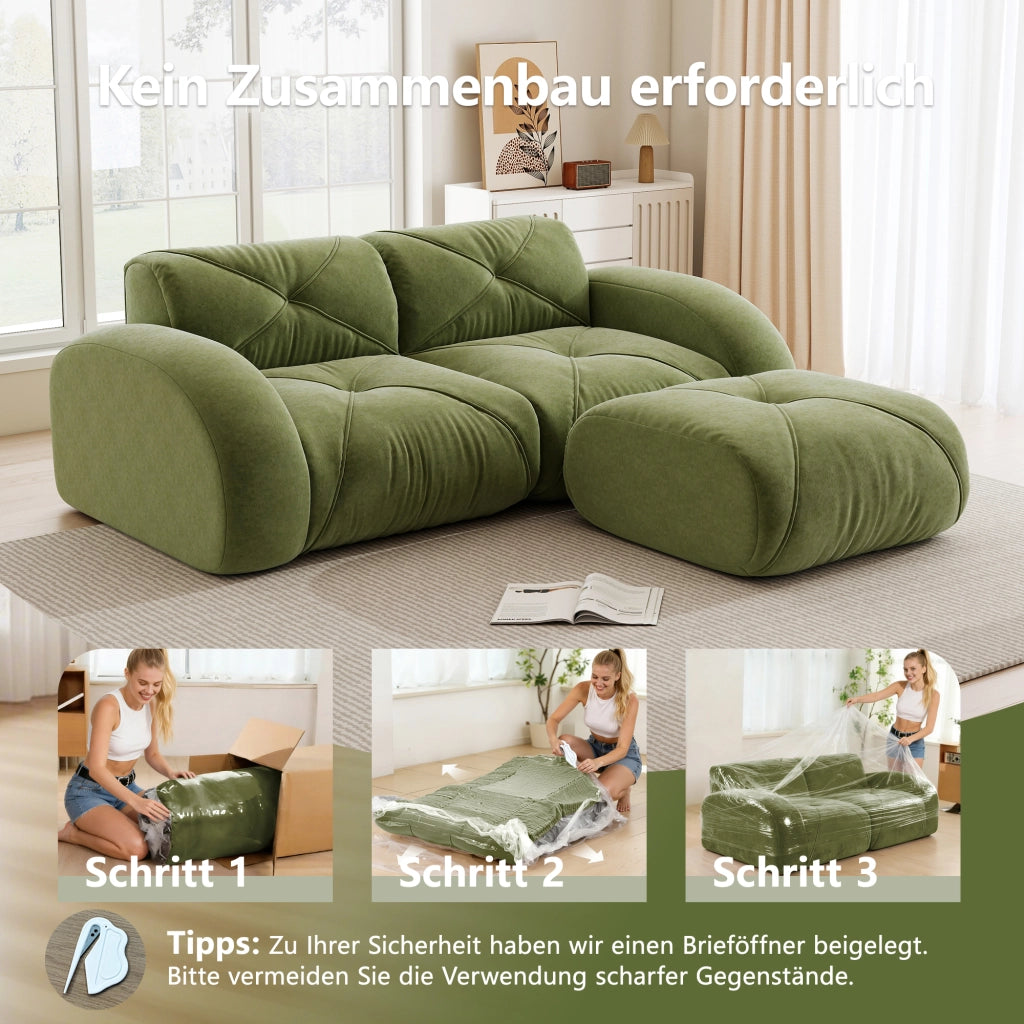 Divano modulare 2 posti con pouf in chenille e schiuma ad alta densità senza telaio per soggiorno verde familiare