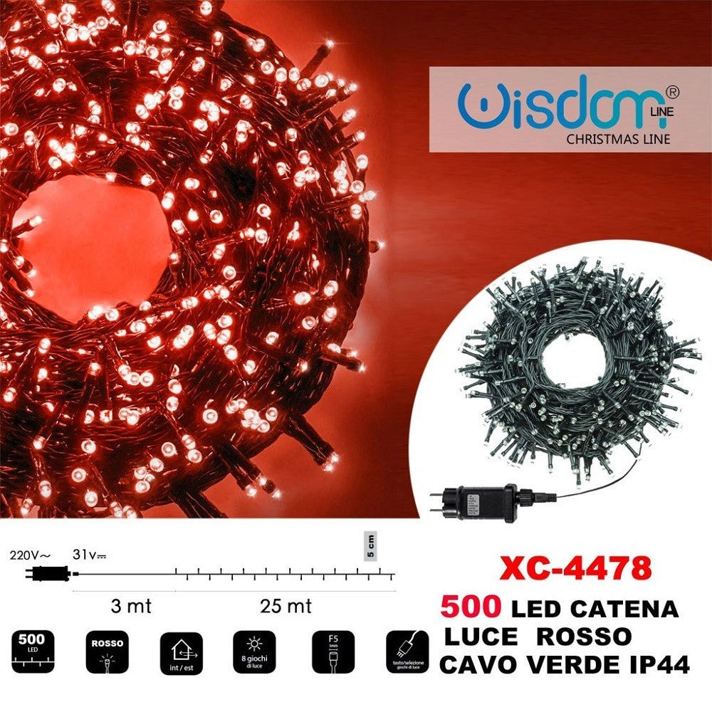 Trade Shop - Catena Luminosa Luci 500 Led Lucciole Luce Rosso Cavo Verde Ip44 Xc-4478 -